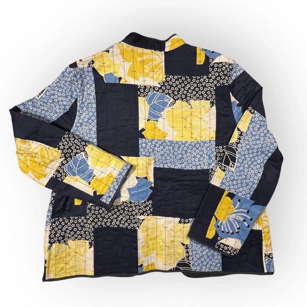 Quilted Open Lightweight Jacket Patchwork Mandarin Collar Petite 14P Yellow Blue